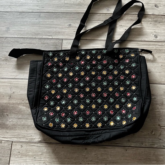 Fabric Tote Bag Black With Tiny Mirror/Pearl Accents Multi Color - Picture 4 of 7